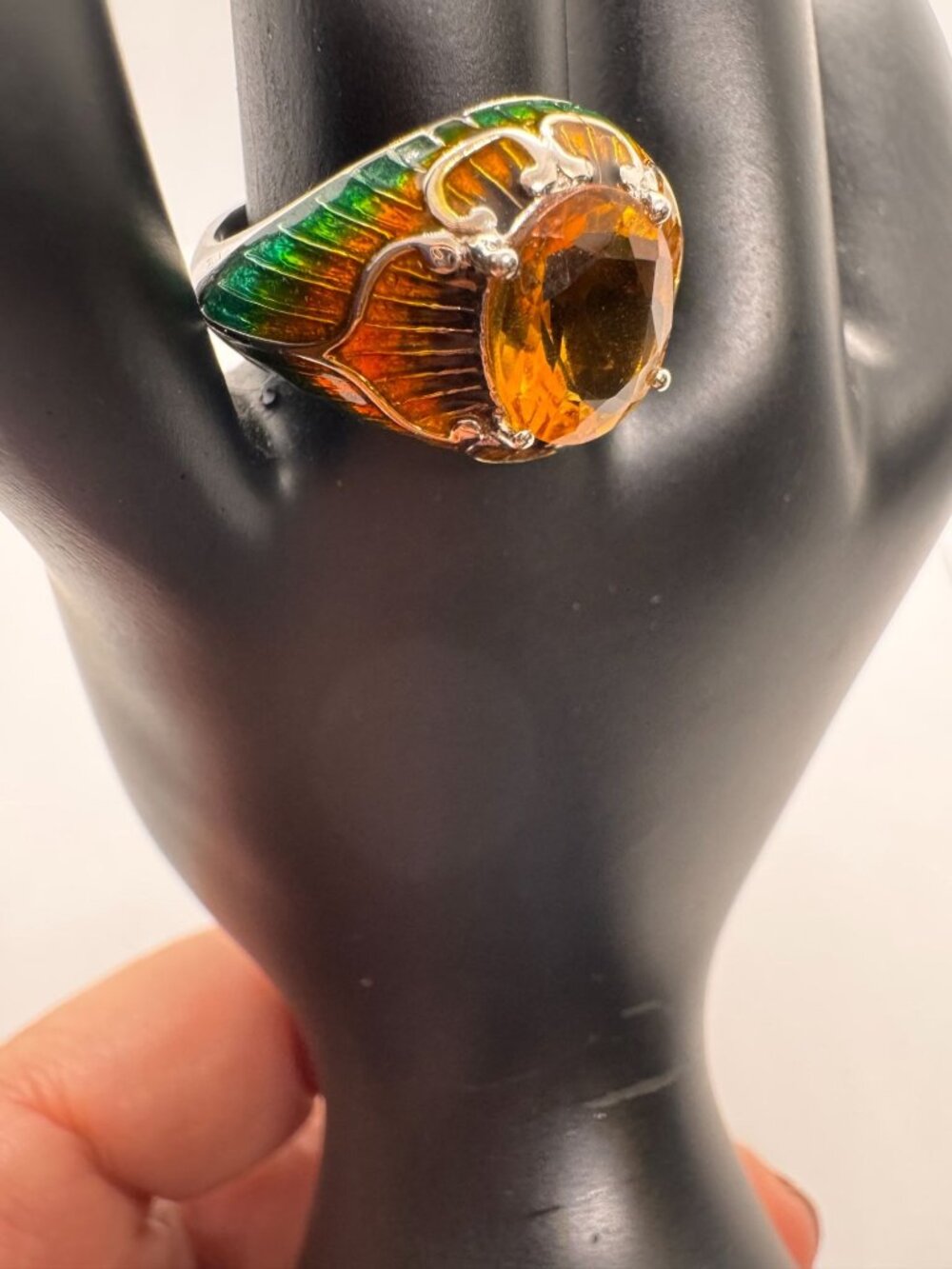 Art Nouveau Sterling Silver Citrine Ring Enamel Winged Design 925 KHR Artisan